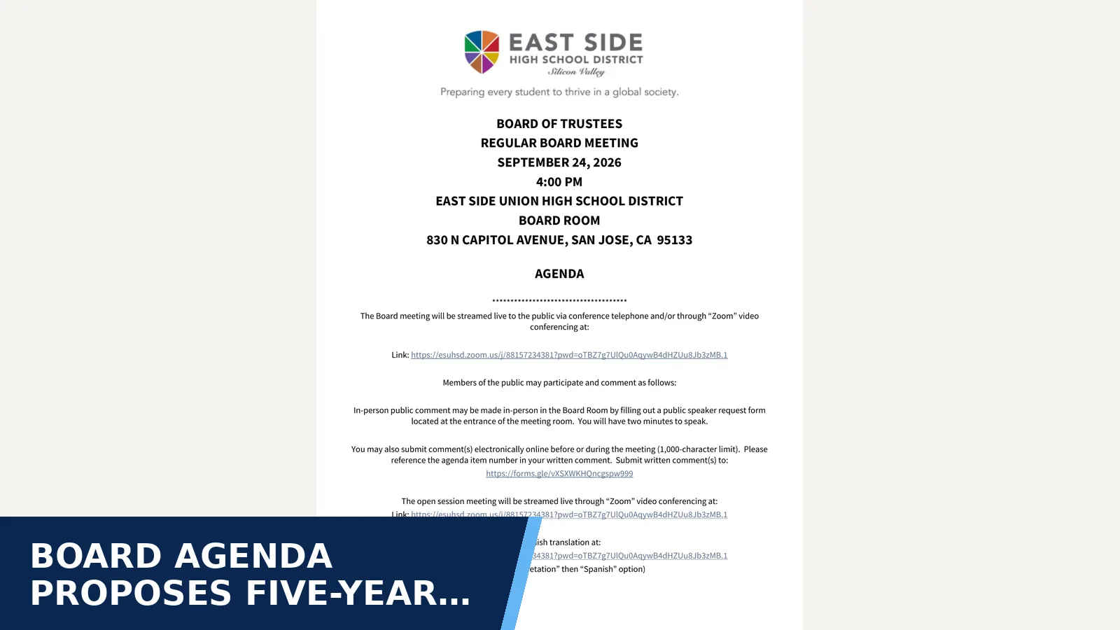 Excerpt from ESUHSD REGULAR BOARD MEETING - Sep 24 2026 agenda for Board agenda proposes five-year renewal of Latino…