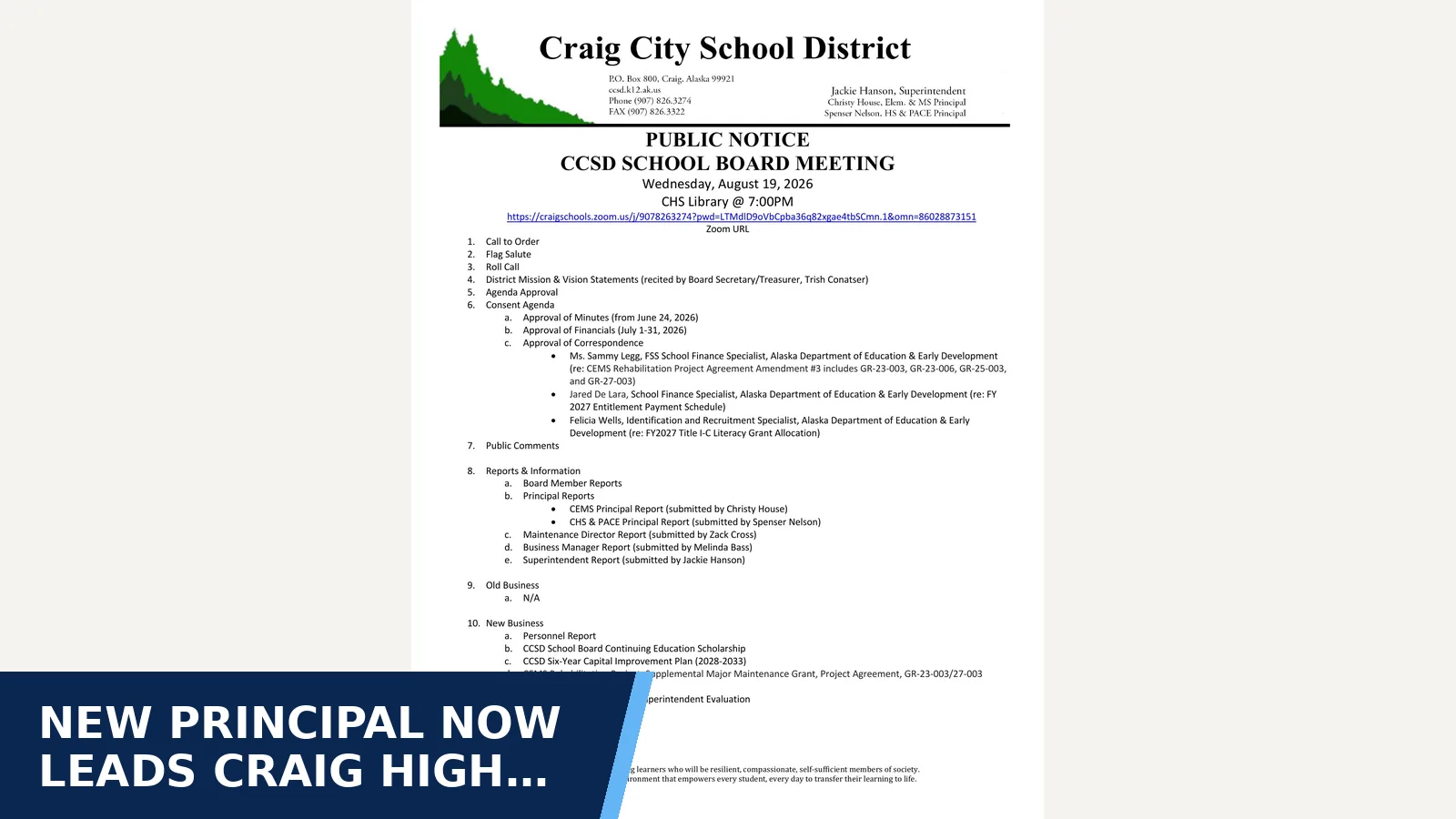 Excerpt from Regular School Board Meeting for New principal now leads Craig High School and PACE