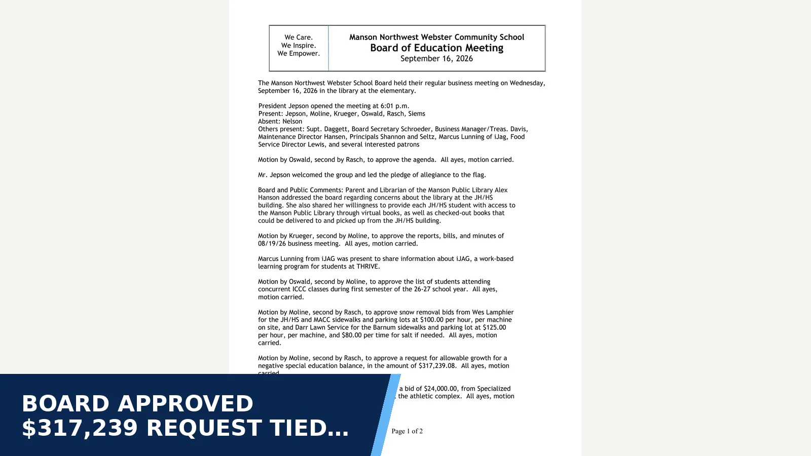 Excerpt from Minutes 09-16-26 Business Meeting.pdf for Board approved $317,239 request tied to…