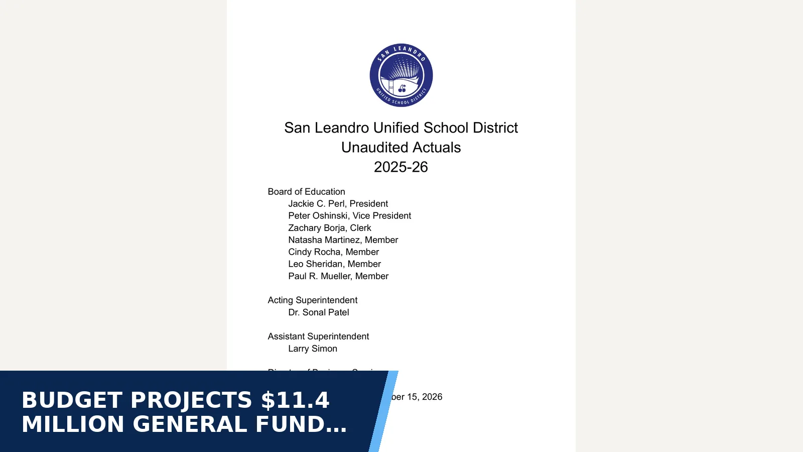 Excerpt from Unaudited Actuals – September 15, 2026 for Budget projects $11.4 million General Fund deficit