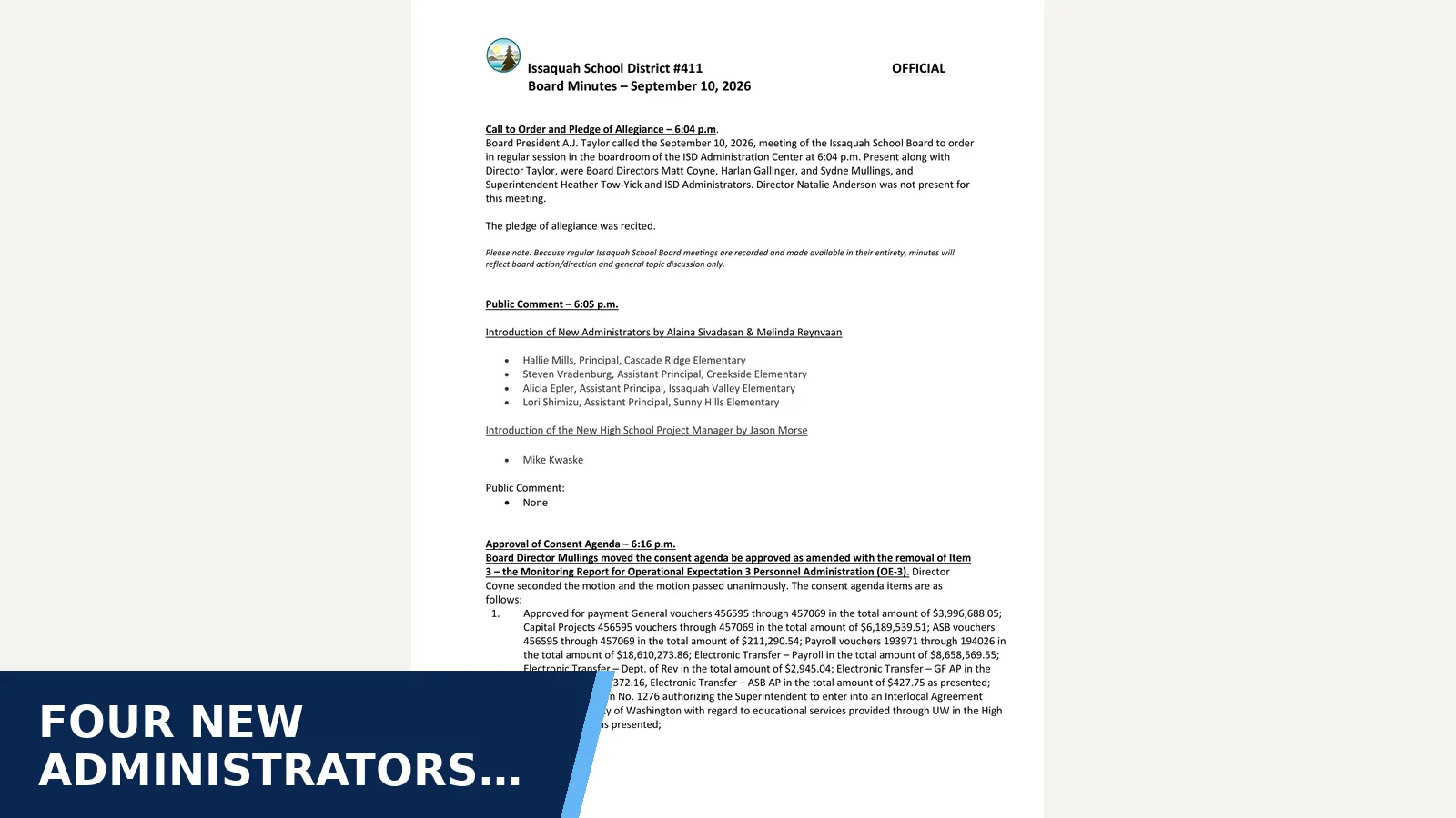 Excerpt from September 10, 2026 - Regular Board Meeting for Four new administrators introduced at Issaquah…