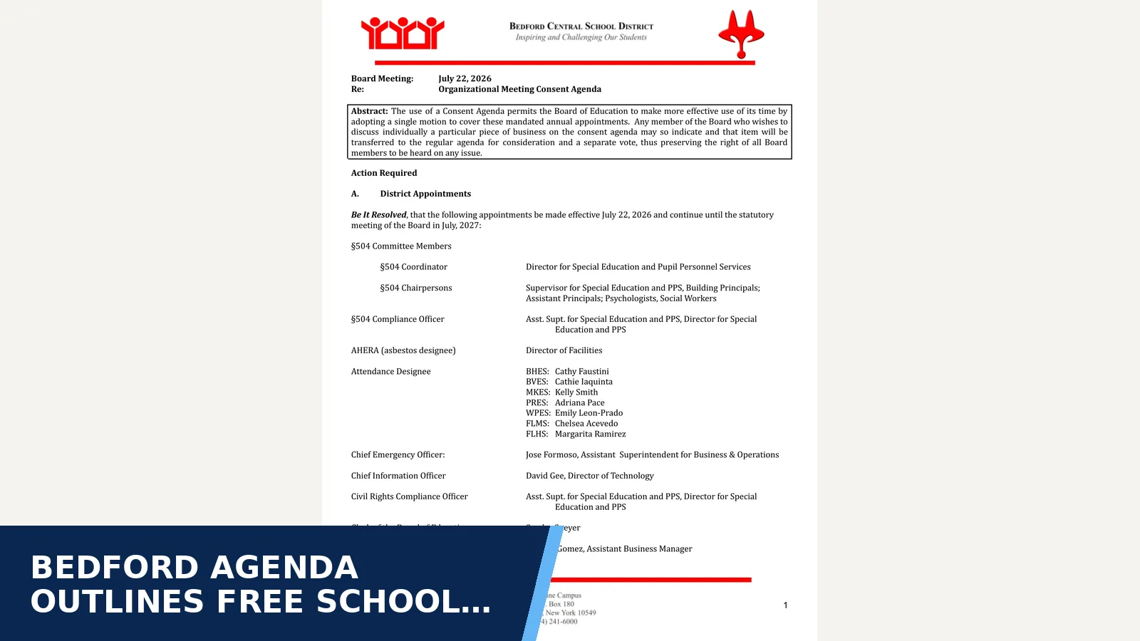 Excerpt from Board of Education Jul 22 2026 Board of Education Meeting Agenda attachment: 2026 Organizational Agenda.pdf for Bedford agenda outlines free school meals for all…