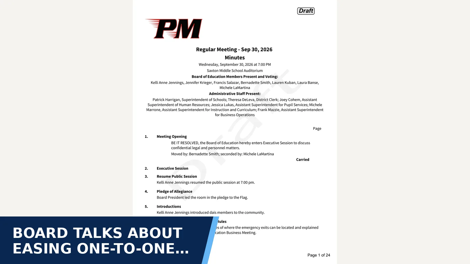Excerpt from Board of Education Regular Meeting September 30, 2026 - Minutes for Board talks about easing one-to-one devices for…