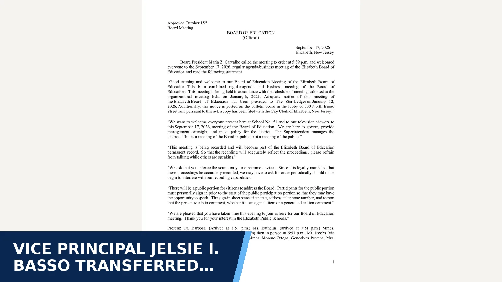 Excerpt from Official Minutes 9-17-2026 for Vice principal Jelsie I. Basso transferred to…