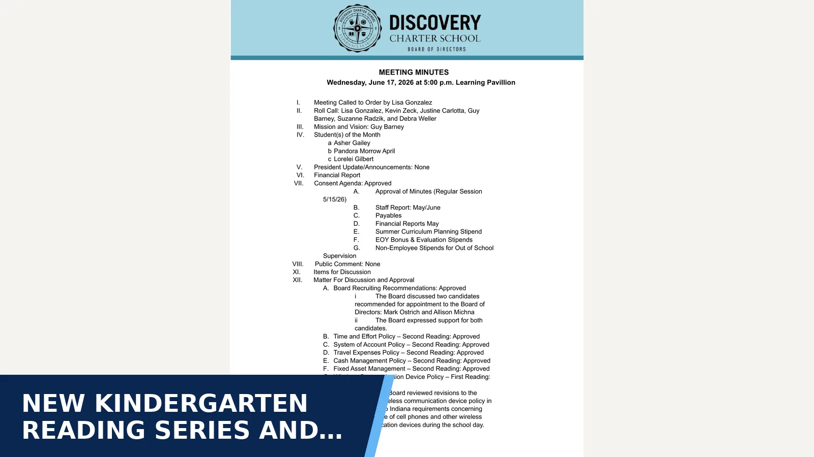 Excerpt from Discovery Charter School Board Board Meeting Minutes - 2026-06-17 for New kindergarten reading series and dyslexia…