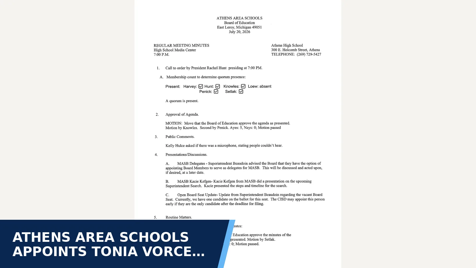 Excerpt from Athens Area Schools Board: 07-20-2026 Regular Meeting Minutes for Athens Area Schools appoints Tonia Vorce interim…