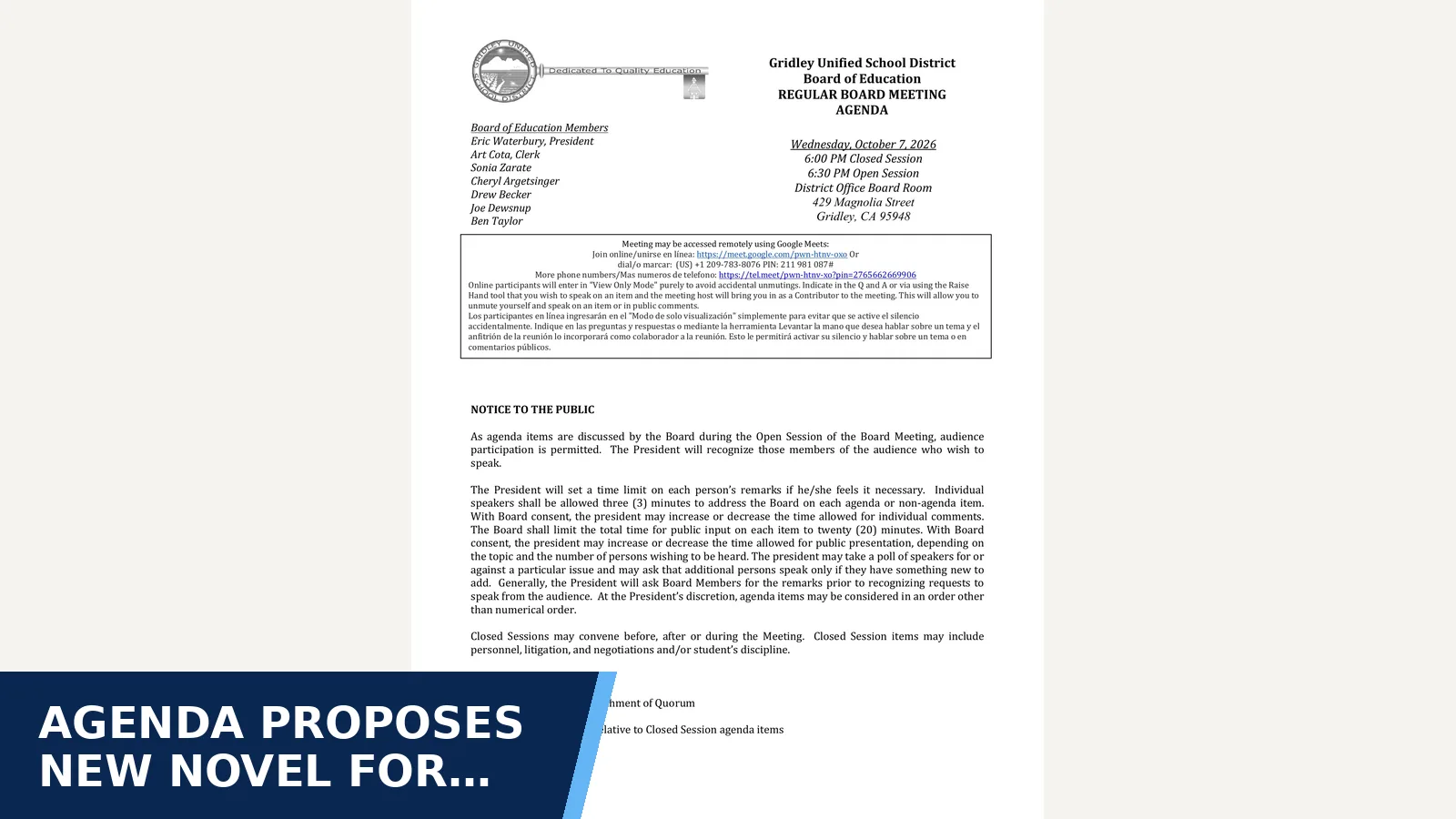 Excerpt from Gridley Unified Board meeting agenda — October 7, 2026 for Agenda proposes new novel for Sycamore Advanced ELA 8