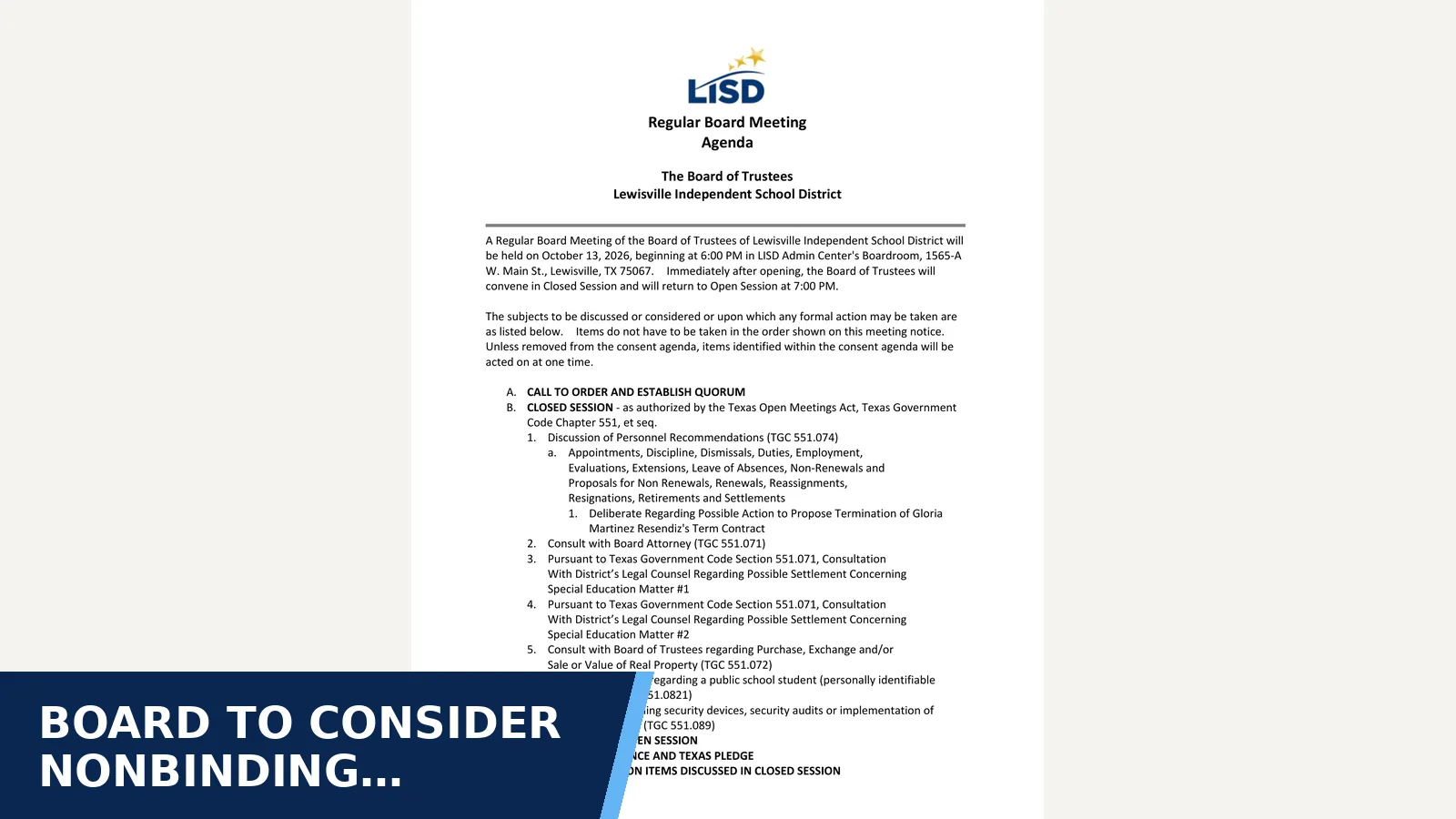 Excerpt from Board Meeting: 10/13/2026 — agenda for Board to consider nonbinding ground-lease letters…