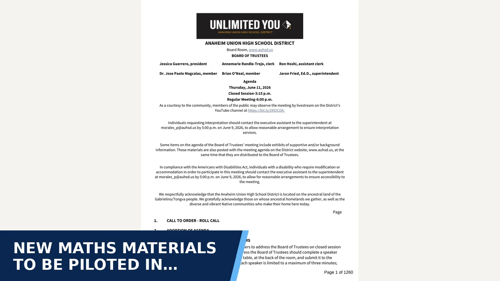 Excerpt from Regular Meeting - Jun 11 2026 - Agenda for New maths materials to be piloted in grades 7 and…