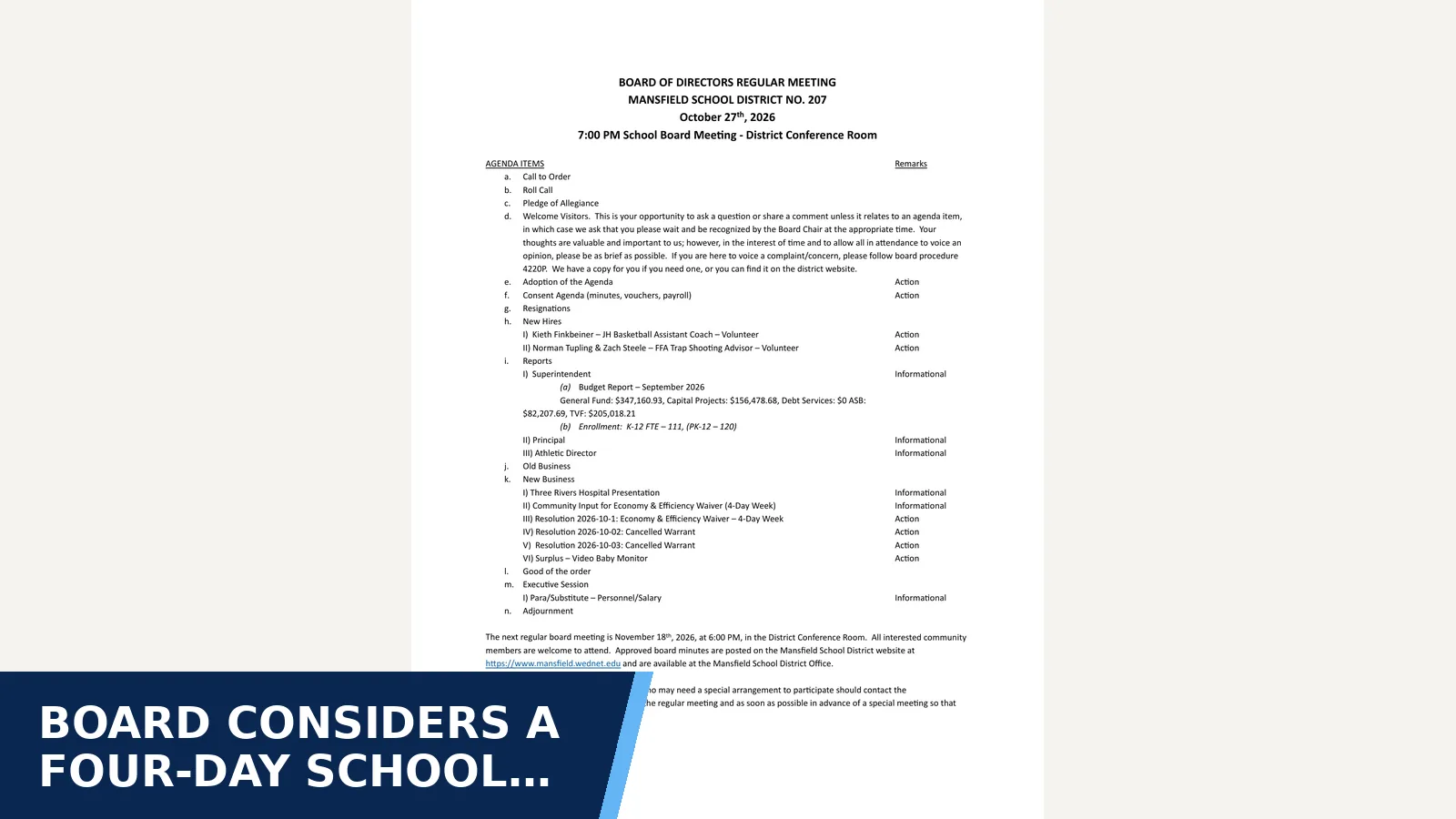 Excerpt from Board of Directors: Oct 27 2026 Regular Board Meeting Agenda for Board considers a four-day school week
