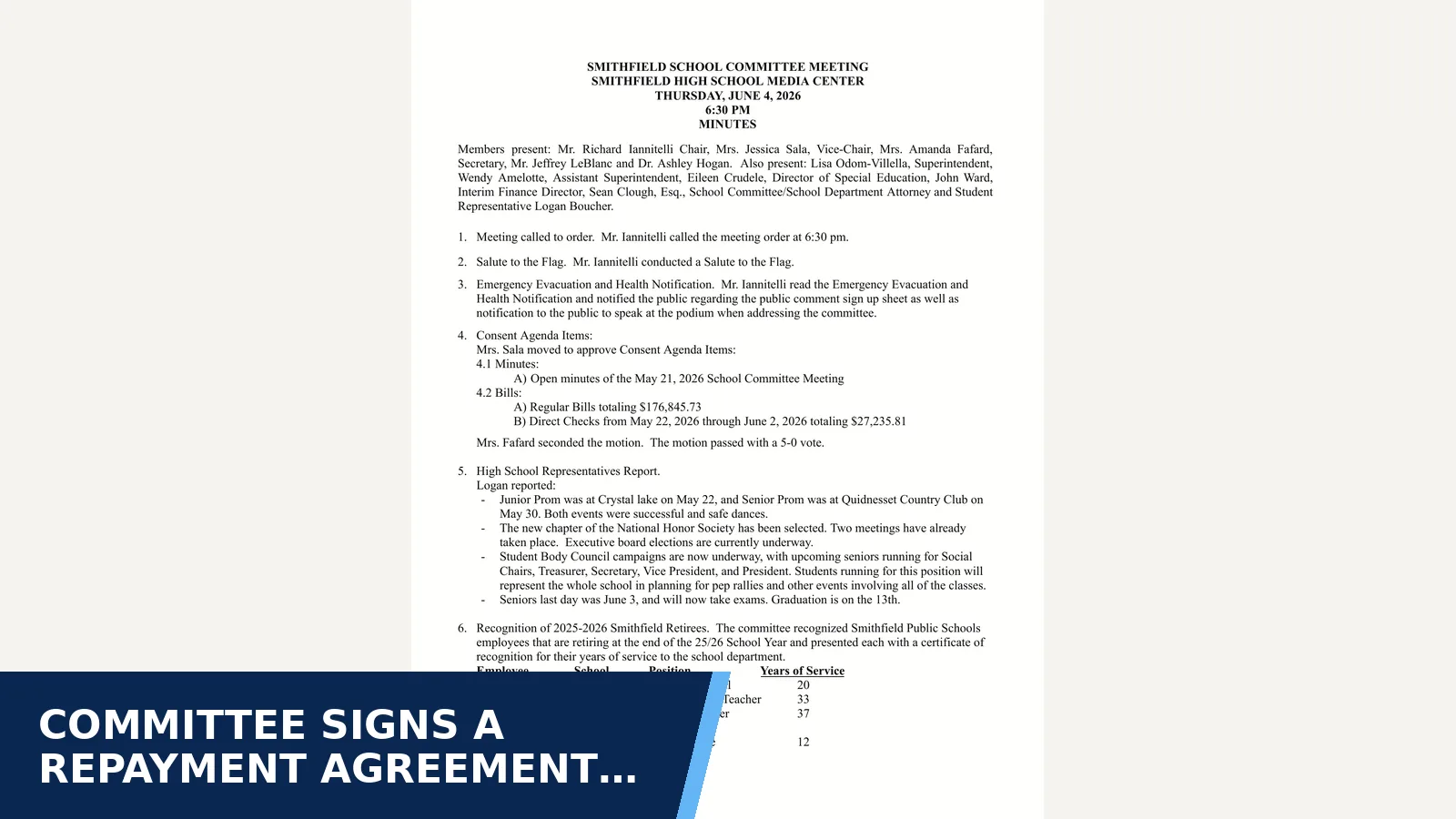 Excerpt from Smithfield School Committee — Approved, Minutes for Committee signs a repayment agreement over the…
