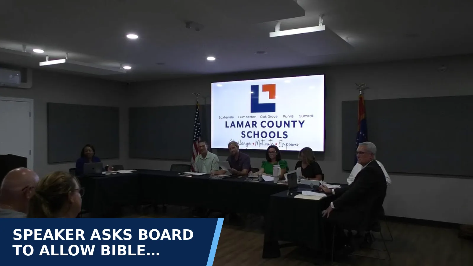 Excerpt from Lamar County Board of Education - Lamar County Schools August 2026 Board Meeting for Speaker asks board to allow Bible handouts at schools