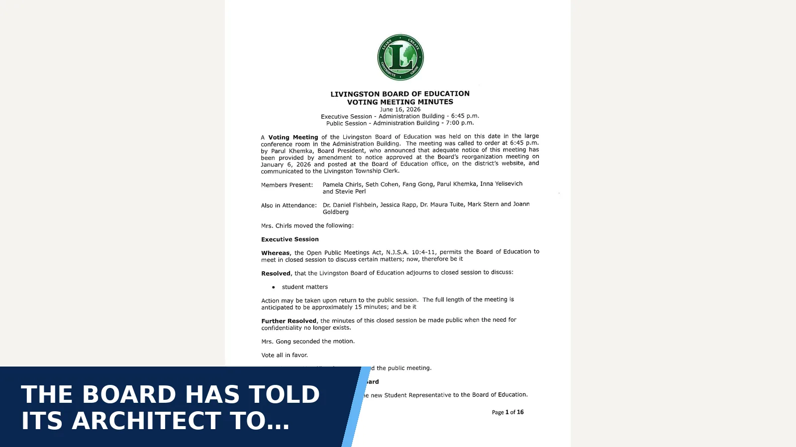 Excerpt from Approved Minutes — June 16, 2026 for The board has told its architect to proceed with a…