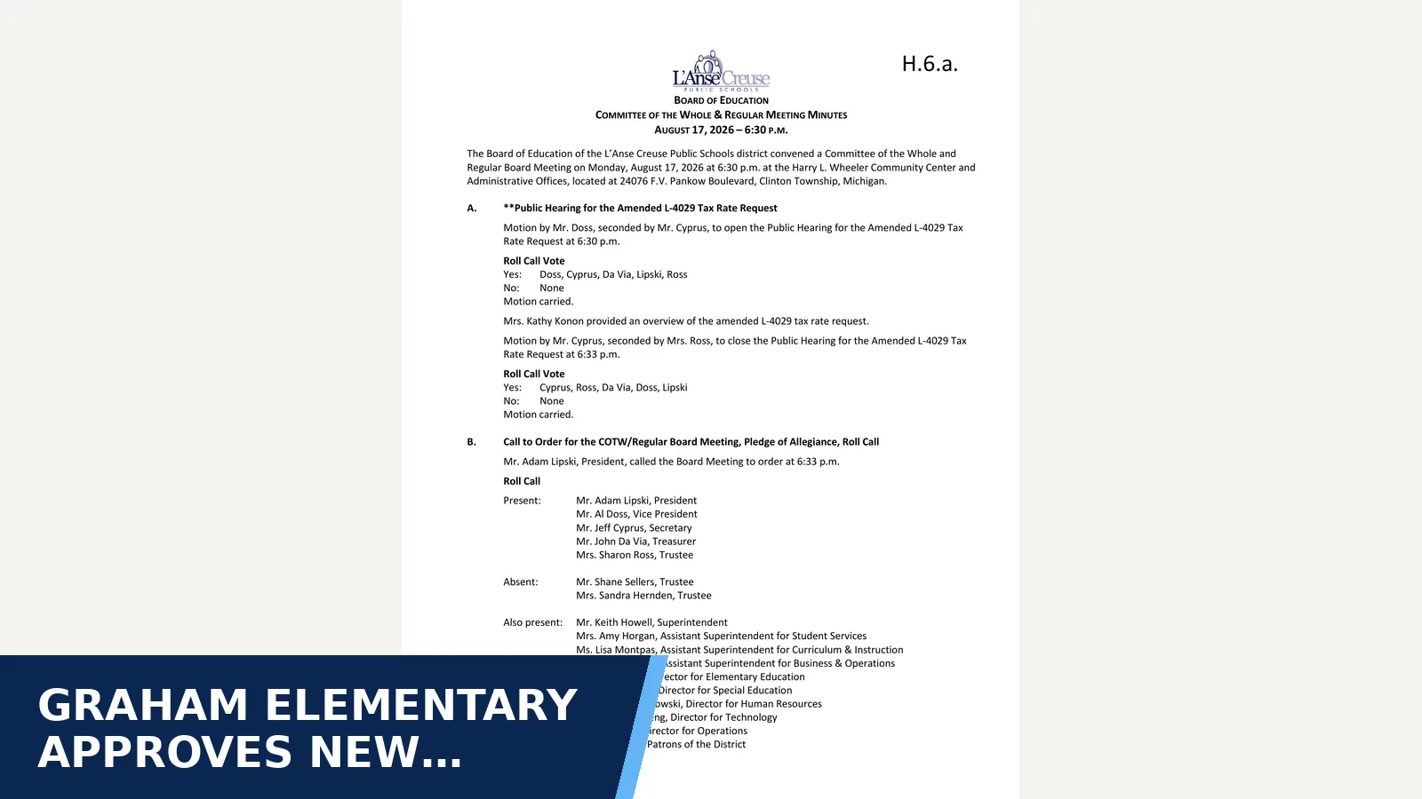 Excerpt from L'Anse Creuse Public Schools Minutes for Graham Elementary approves new principal