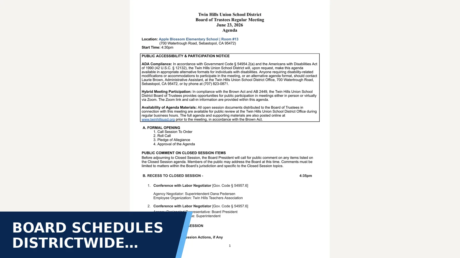 Excerpt from Agenda June 23, 2026 for Board schedules districtwide extreme-weather…