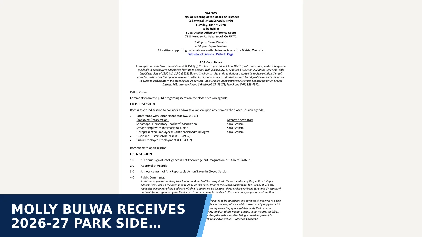 Excerpt from June 9, 2026 Full Packet for Molly Bulwa receives 2026-27 Park Side principal…