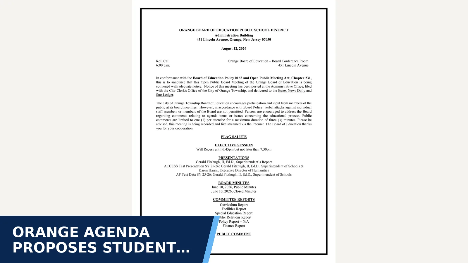 Excerpt from August 12, 2026 – English | Spanish | Haitian Creole for Orange agenda proposes student device…