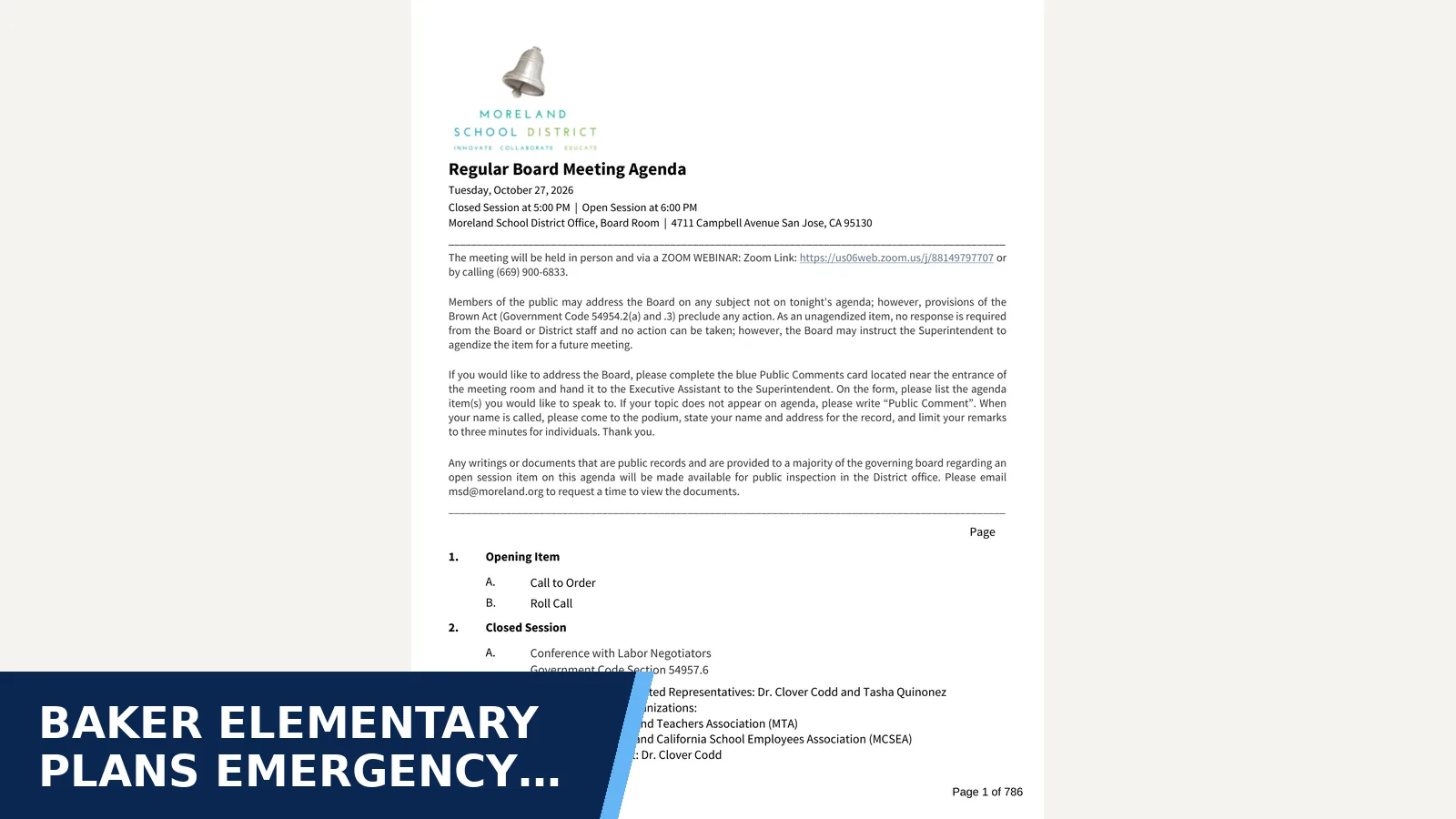 Excerpt from Regular Board Meeting - Oct 27 2026 full agenda package for Baker Elementary Plans Emergency Repairs After…