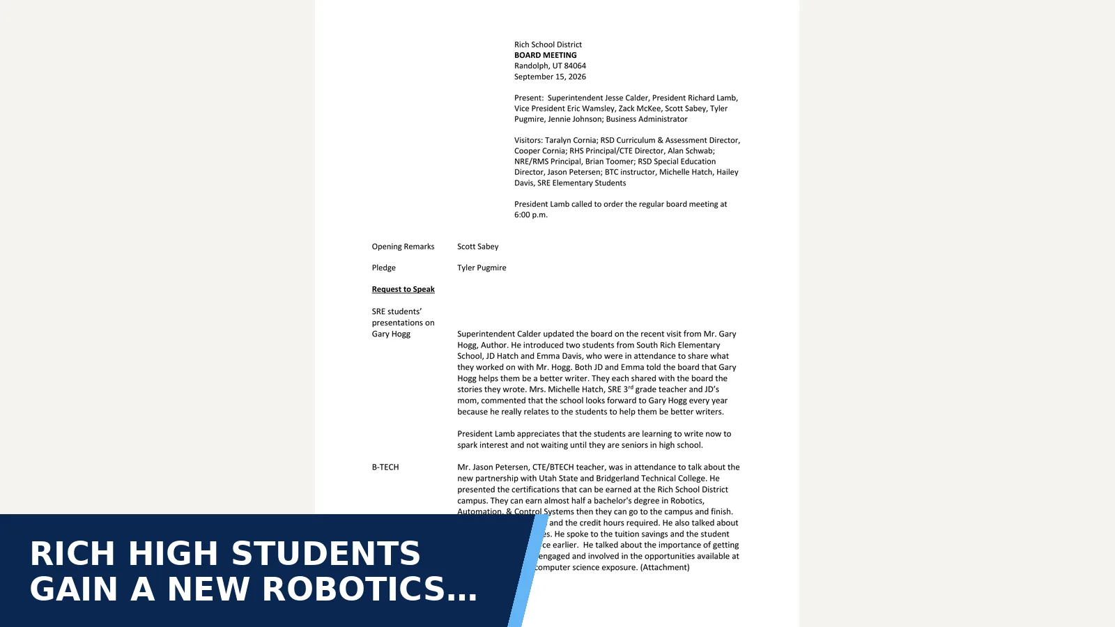 Excerpt from Rich School District Board: 2026 09 September 15 Board Meeting Minutes for Rich High students gain a new robotics and…