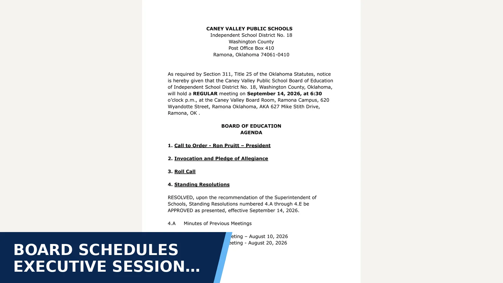 Excerpt from *September 14, 2026 6:30 p.m. Regular for Board schedules executive session on…