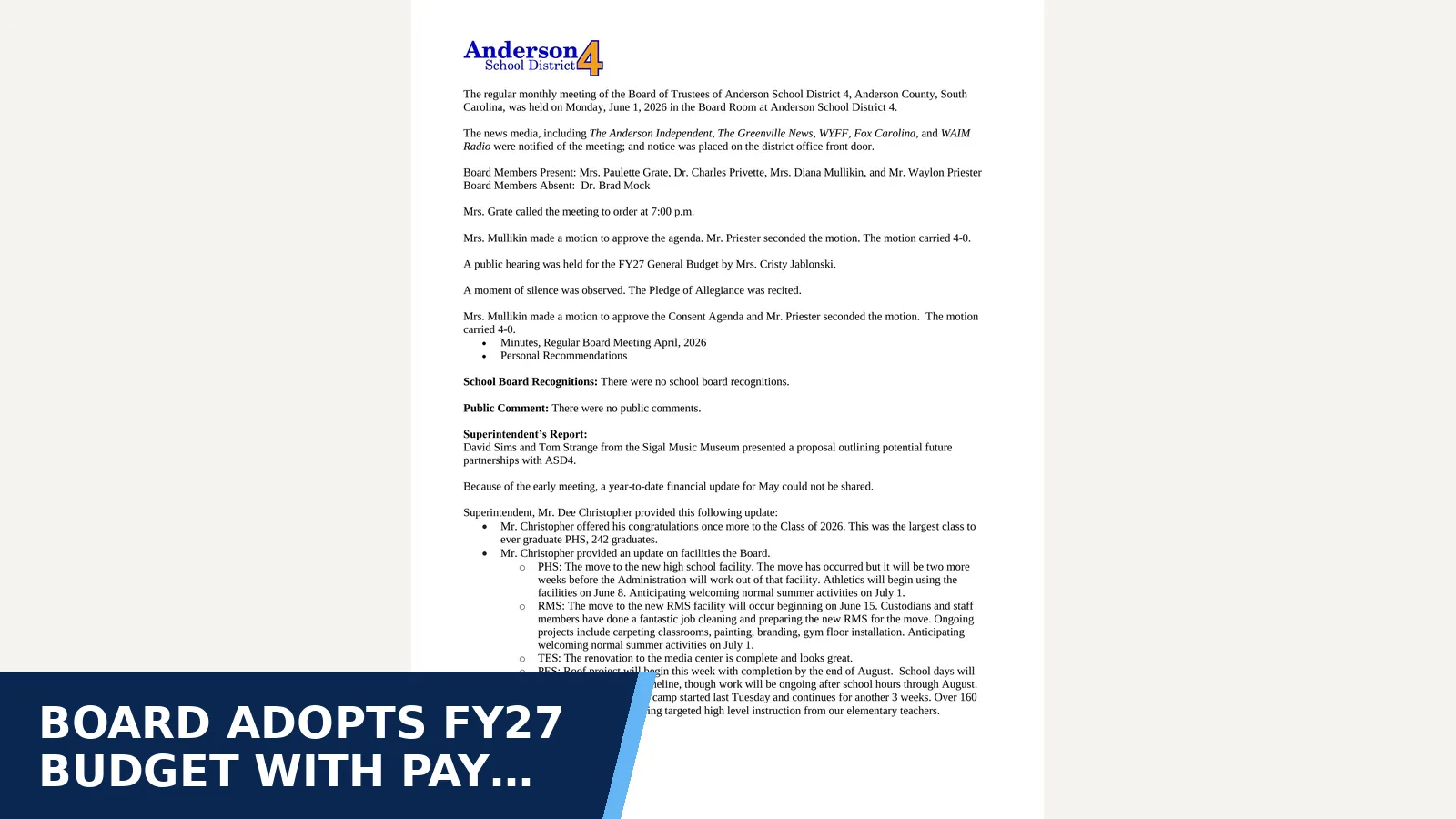 Excerpt from Regular Meeting - Jun 01 2026 for Board adopts FY27 budget with pay increases and…