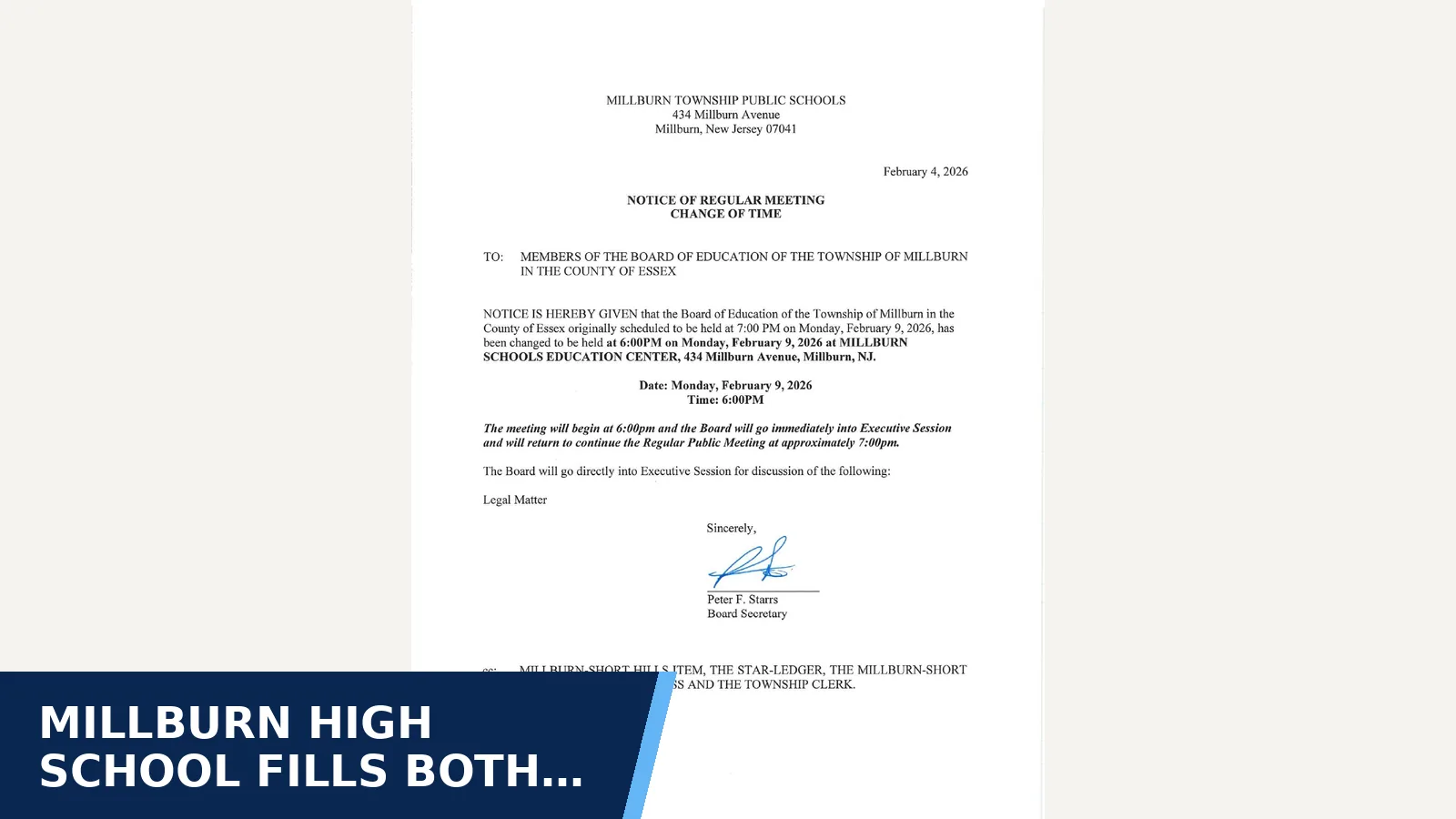 Excerpt from Minutes- February 9, 2026 for Millburn High School fills both vice-principal seats