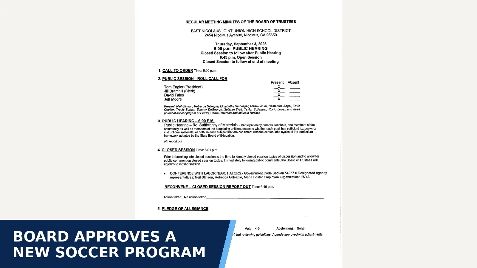 Excerpt from Board of Trustees - 20260903 Regular Meeting Minutes for Board approves a new soccer program