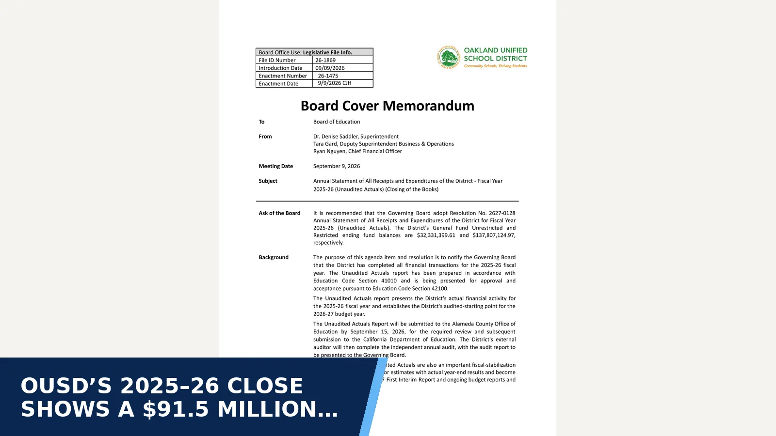 Excerpt from Board of Education - 9/9/2026 - 4:00 PM — linked agenda PDF 121173 for OUSD’s 2025–26 close shows a $91.5 million General…