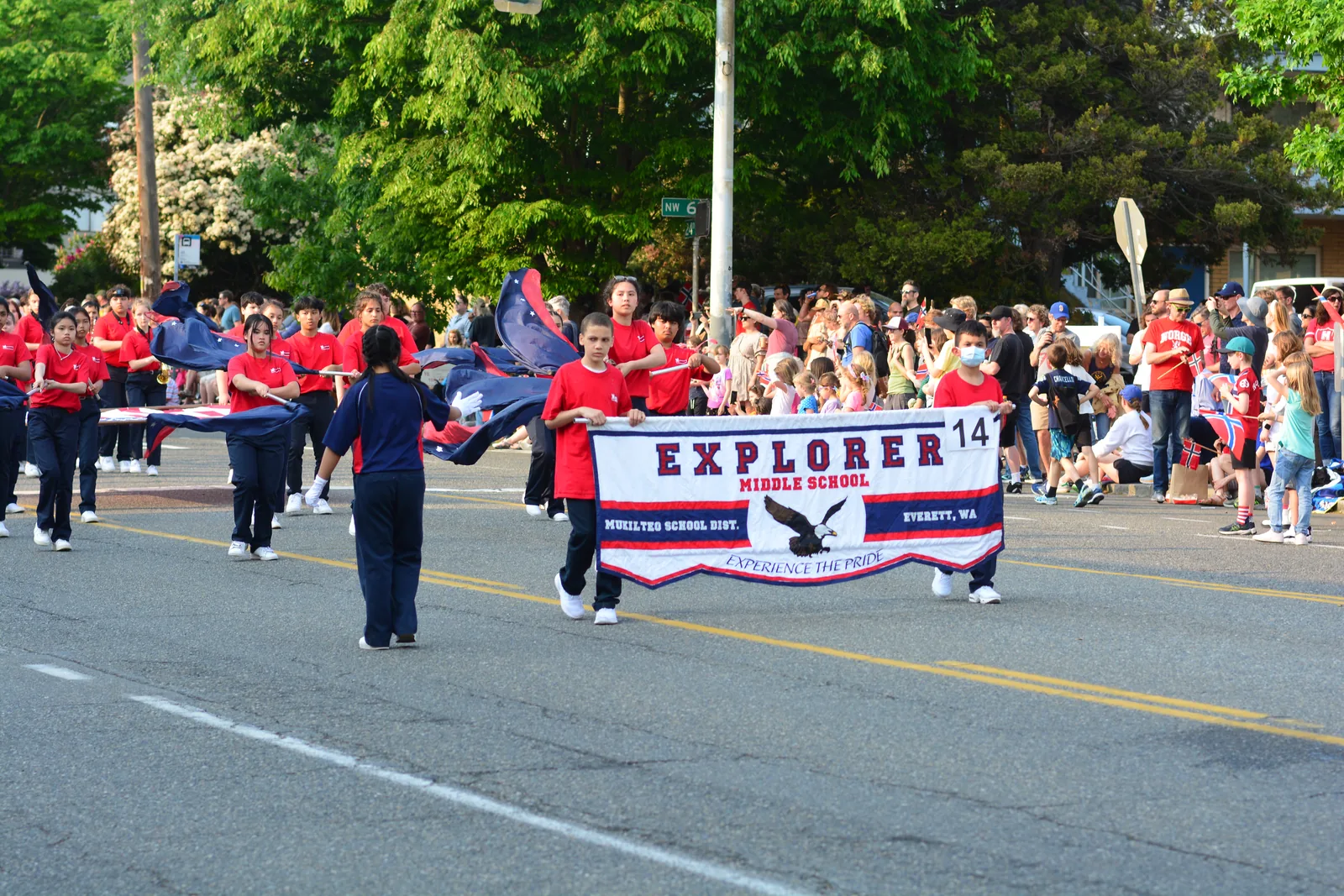 Marching band from Explorer Middle School, Mukilteo School District, Everett, Washington, marching in the Syttende Mai (Norwegian Constitution Day) parade, headed south in the 6000 block of 24th Ave NW, Ballard, Seattle, Washington, U.S.