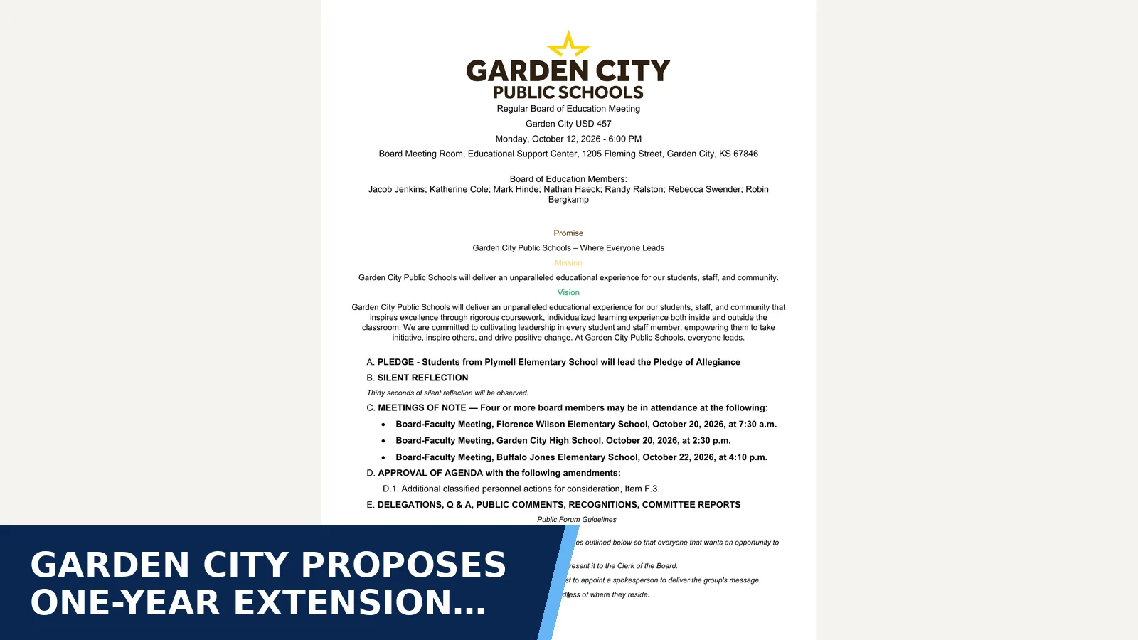 Excerpt from 2026-10-12 — October 12, 2026 at 6:00 PM - Regular Board of Education Meeting Meeting Type: Regular — Agenda for Garden City proposes one-year extension for…