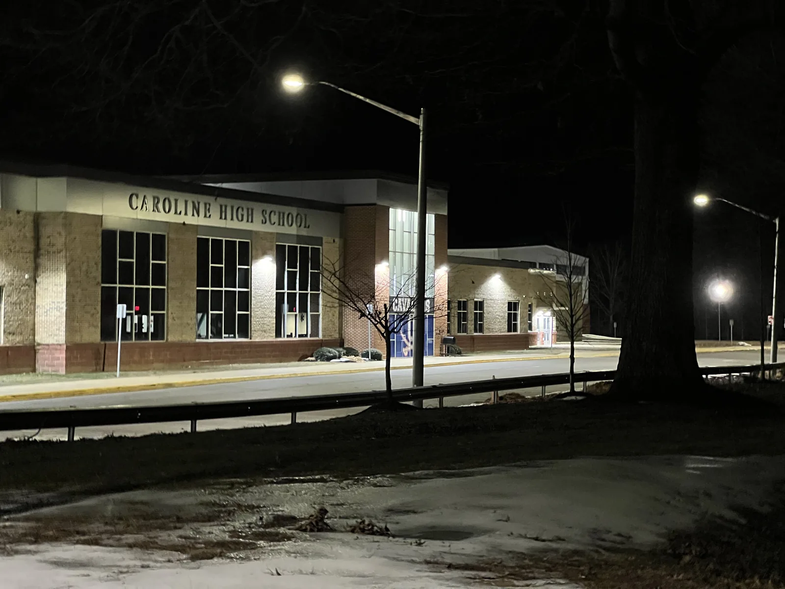 Caroline High School at night, in Caroline County, Virginia.