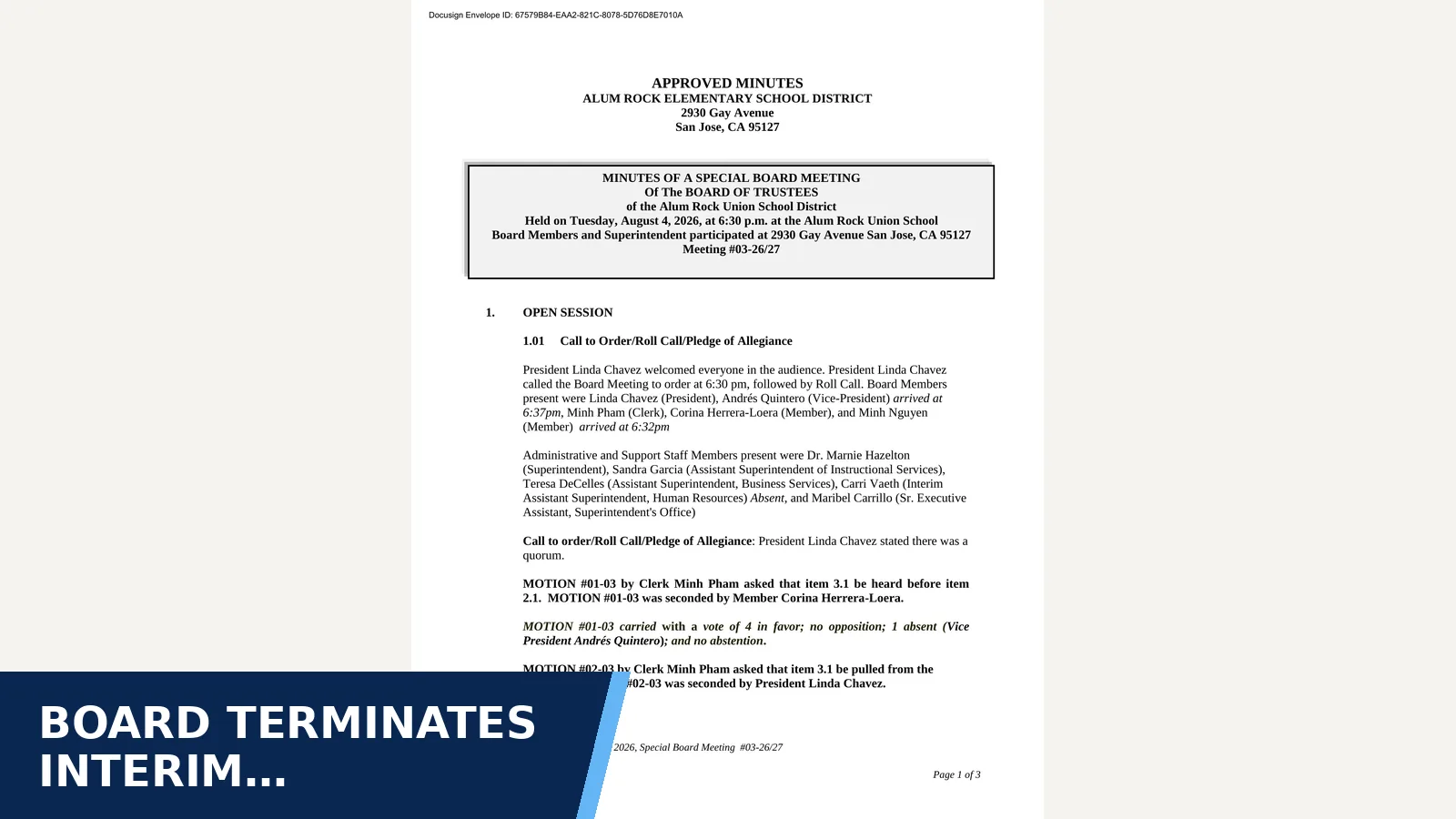 Excerpt from 2026-08-04 — August 4, 2026 for Board terminates Interim Superintendent's contract