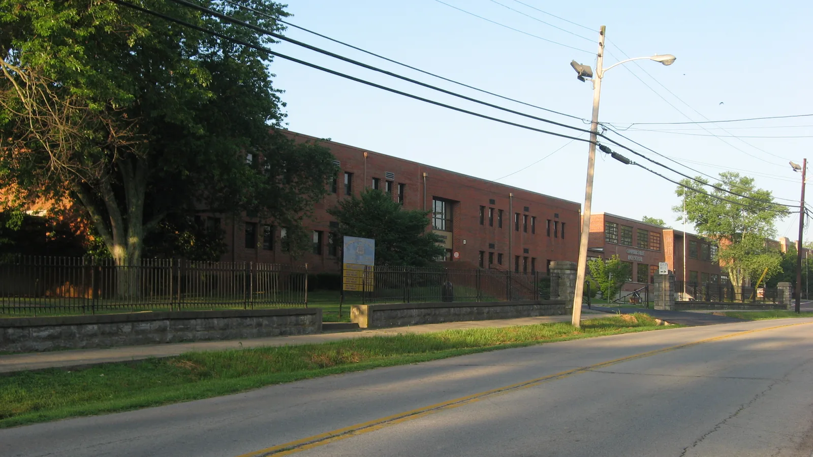Front of the Campbellsville School, located at 230 W. Main Street in Campbellsville, Kentucky, United States.  Built in 1935, it and an associated athletics complex are listed together on the National Register of Historic Places.