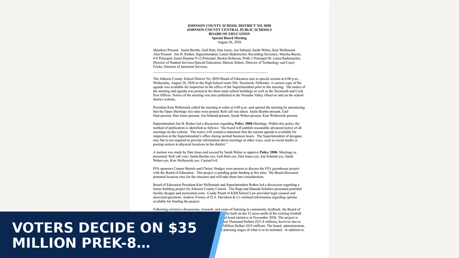 Excerpt from Board of Education Special Meeting - August 26th, 2026 for Voters decide on $35 million PreK-8 school bond Nov. 3