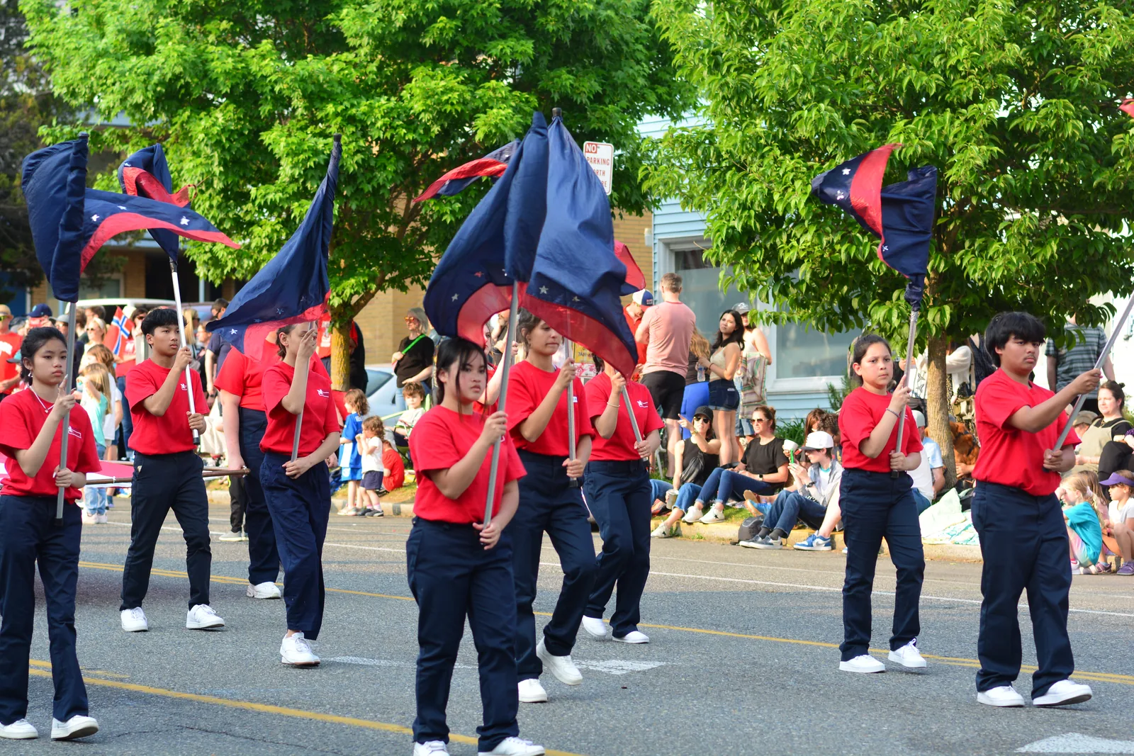 Marching band from Explorer Middle School, Mukilteo School District, Everett, Washington, marching in the Syttende Mai (Norwegian Constitution Day) parade, headed south in the 6000 block of 24th Ave NW, Ballard, Seattle, Washington, U.S.