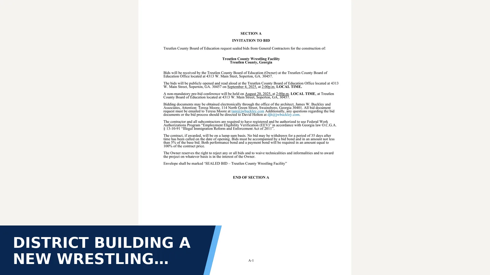 Excerpt from Treutlen County Schools - Invitation to Bid - Treutlen County Wrestling Facility for District building a new wrestling facility