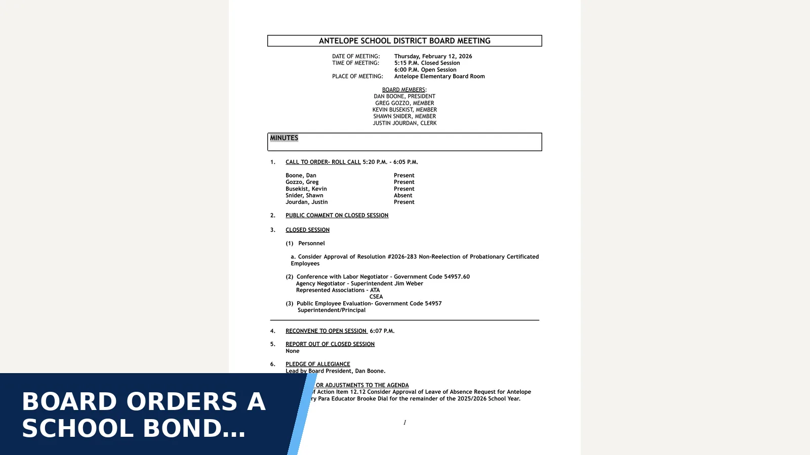Excerpt from Minutes 02.12.26.pdf for Board orders a school bond election