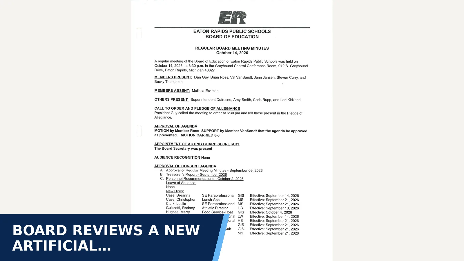 Excerpt from Board of Education minutes: 10.14.26 Board Meeting Minutes for Board reviews a new artificial intelligence policy