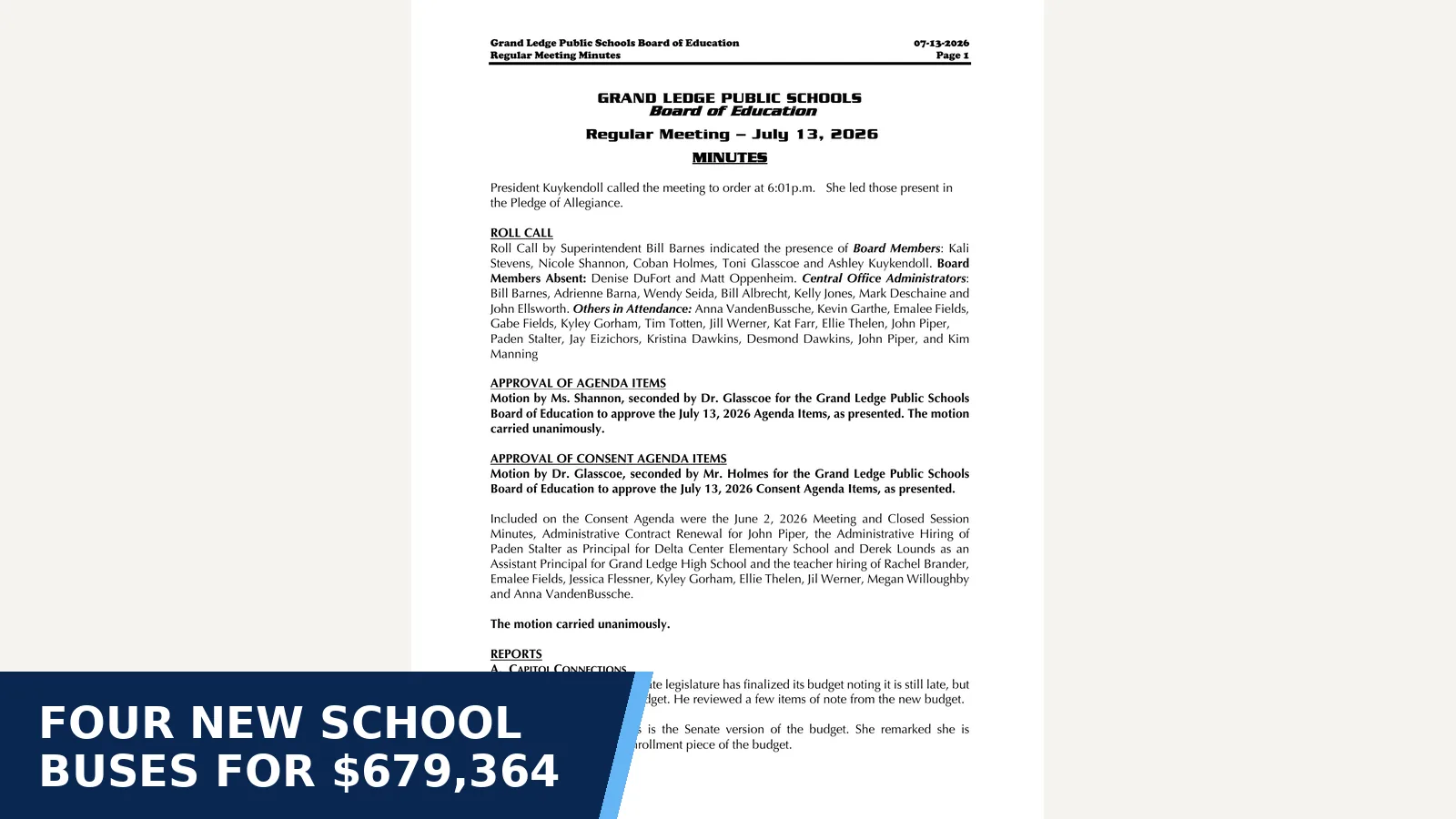 Excerpt from July 13, 2026 Regular Meeting - Minutes for Four new school buses for $679,364