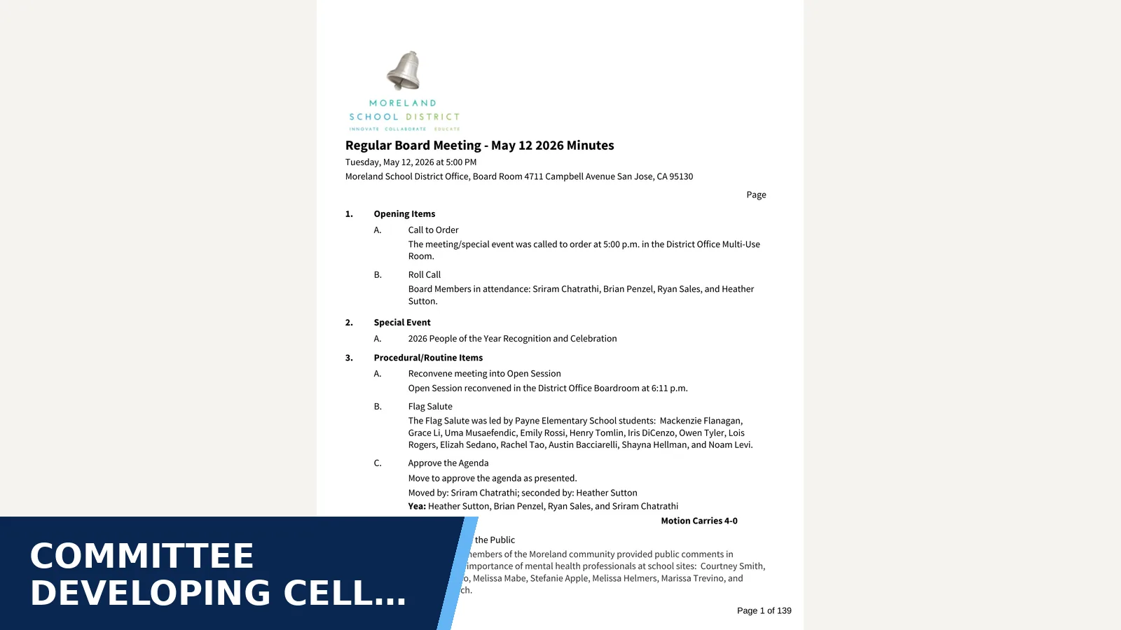 Excerpt from Regular Board Meeting - May 12 2026 full minutes package for Committee Developing Cell Phone Policy to Comply…