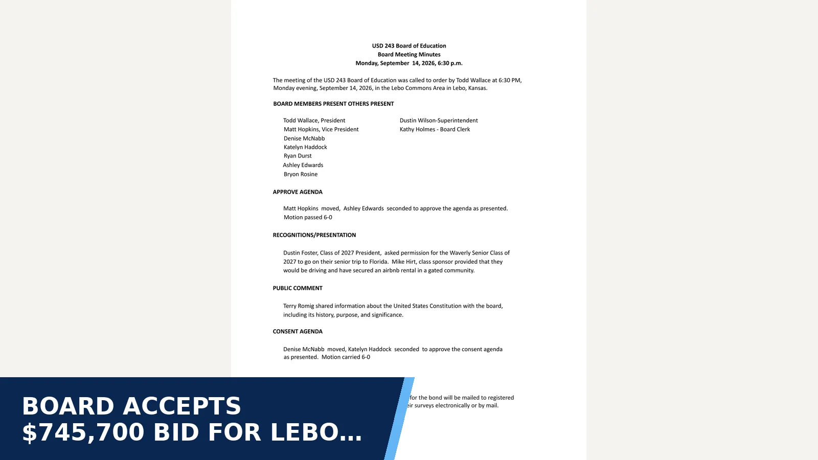 Excerpt from BOE Meeting Minutes 9/14/26 for Board accepts $745,700 bid for Lebo daycare remodel
