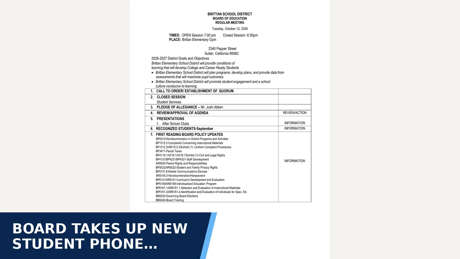 Excerpt from Brittan ESD Board of Trustees October 13, 2026 - Agenda for Board takes up new student phone policy; phones…