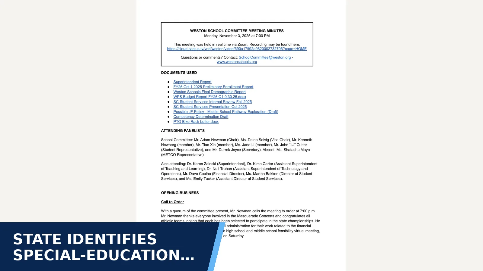 Excerpt from Weston School Committee Minutes — 2025-11-03 for State identifies special-education…