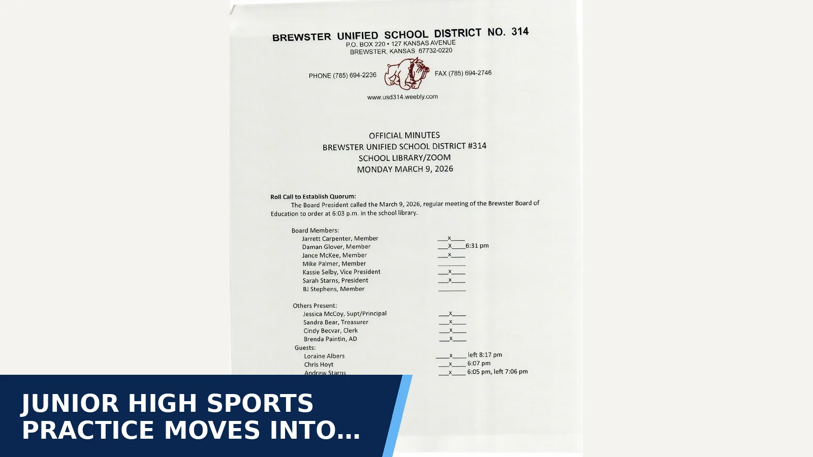 Excerpt from USD 314 Board of Education - March Regular Meeting Minutes (march_regular_meeting_minutes.pdf) for Junior high sports practice moves into the school day