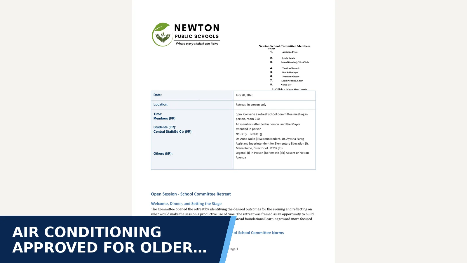 Excerpt from Newton School Committee Meeting, July 20, 2026 — 7_20_26 School Committee Retreat Meeting- Minutes.docx.pdf for Air conditioning approved for older schools, paid…