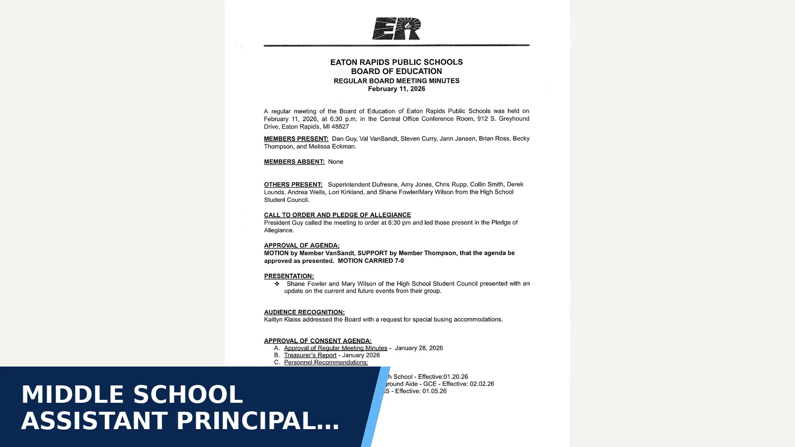 Excerpt from Board of Education minutes: Board Minutes 2.11.26 for Middle school assistant principal resigns midyear