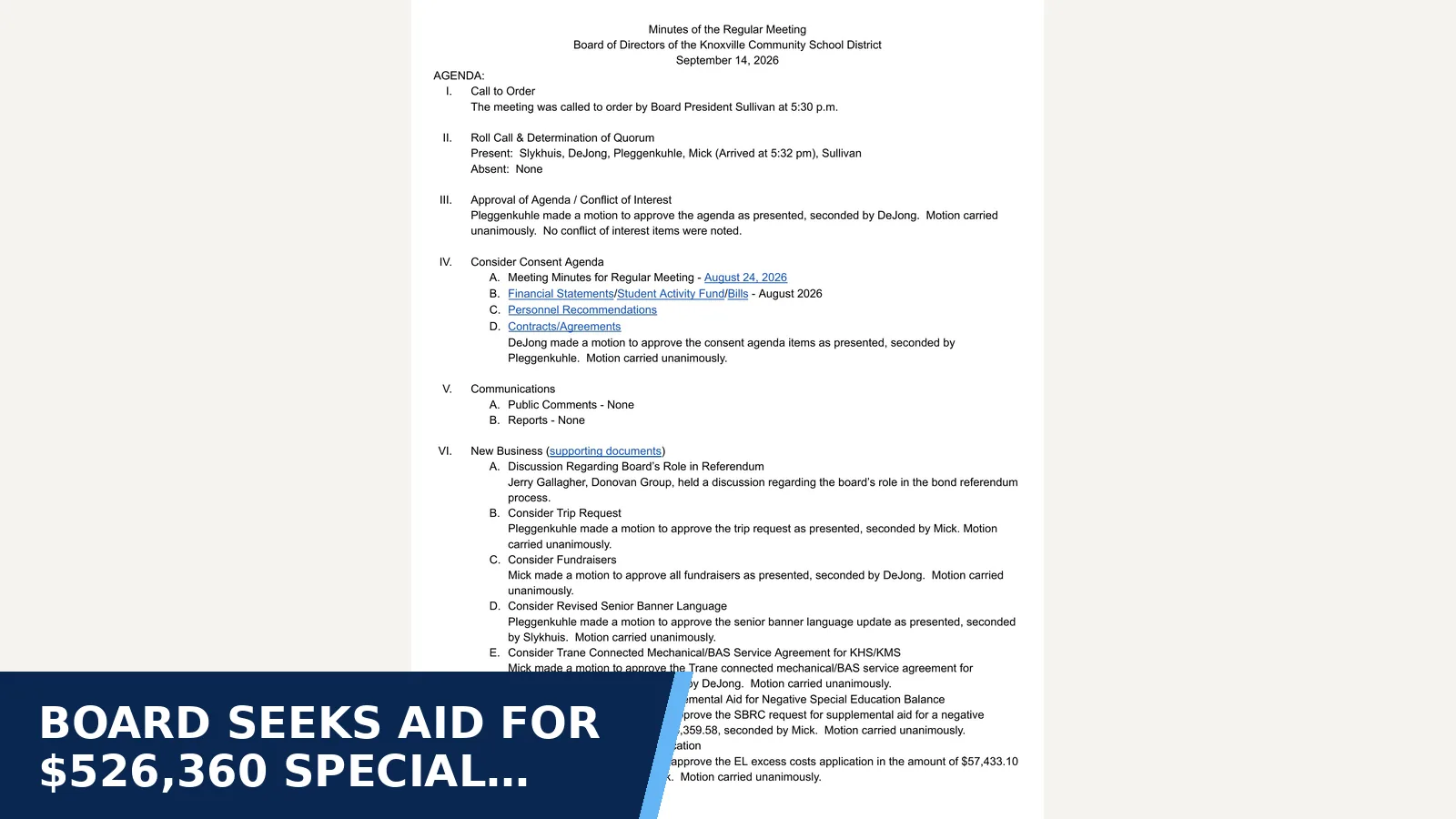Excerpt from Board meeting minutes — September 14, 2026 for Board seeks aid for $526,360 special education…