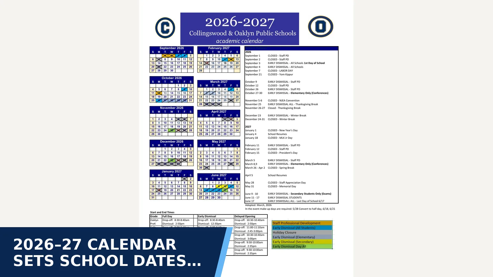 Excerpt from 2026-2027 Colls Oaklyn Calendar w Testing 10-01-26 (Annual district calendar) for 2026–27 calendar sets school dates and early…