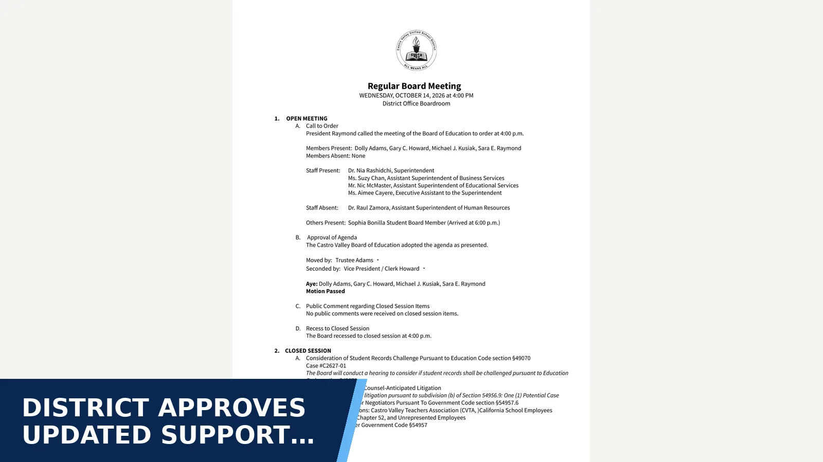 Excerpt from Oct 14 2026 Regular Board Meeting minutes for District approves updated support plan for…