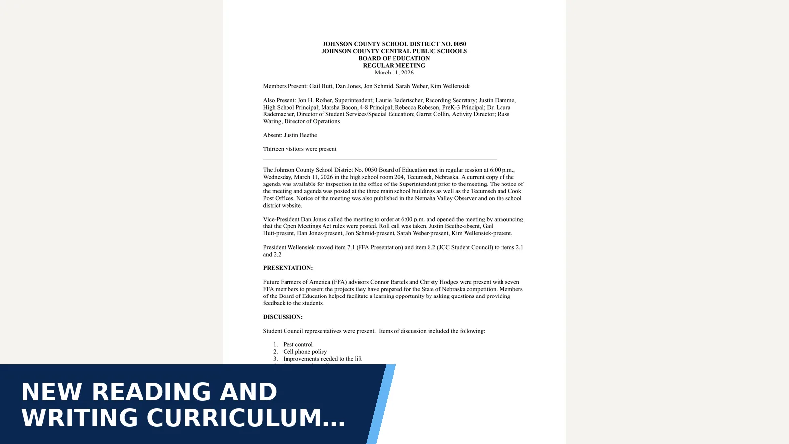 Excerpt from Board of Education regular meeting minutes - March 2026 for New reading and writing curriculum for all grades